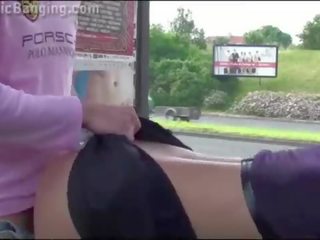 Cute Ms with big tits PUBLIC highway gangbang threesome